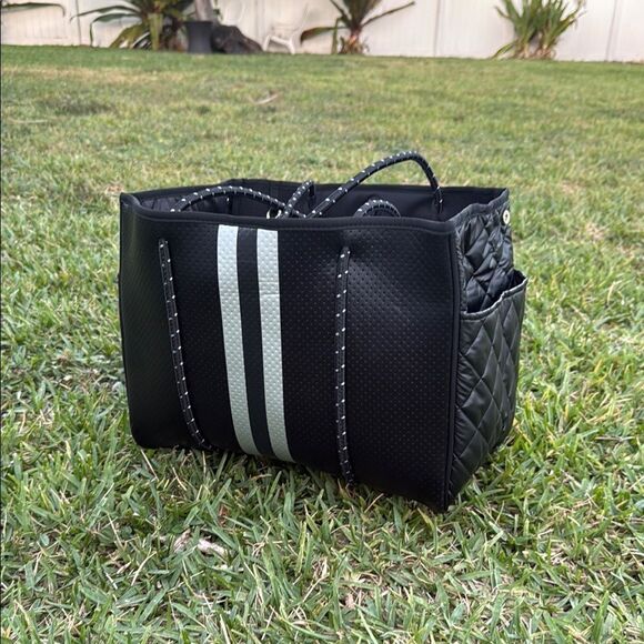 Black Tote Bag Silver Stripe & Leather Sides and Pockets Mini Pouch - NWT